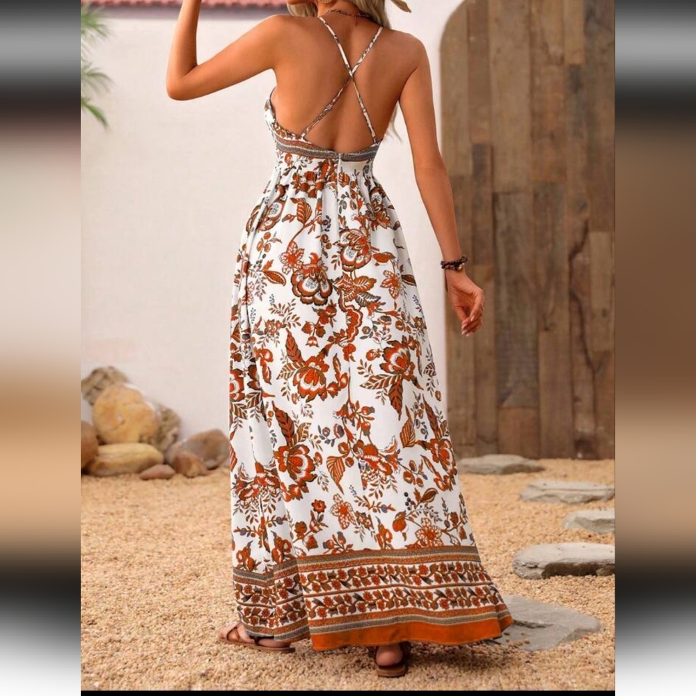 SHEIN White Maxi Dress with Rust Floral Print - Picture 2 of 3